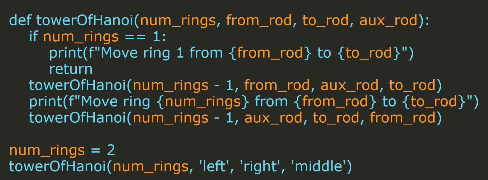 In this example, we use our pattern highlighter to add coloring to a Python code snippet that solves the Tower of Hanoi problem. We use a color palette similar to the one in our text editor and display the function arguments and variables in color #fd9622 (DarkOrange) and all remaining syntactic elements in color #6cdbf2 (SkyBlue). The arguments and variables that get colored are "num_rings", "from_rod", "to_rod", and "aux_rod" and the code instantly becomes easier to read.
