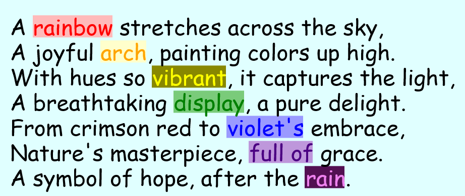 In this example, we highlight different words in a poem in different colors. On each line of the text, we use one of the seven rainbow colors for a specific word. For instance, on the first line, we mark the word "rainbow" in red with a light-red fill (color hex code #ffbaba) by using the format "rainbow = red/#ffbaba". And on the seventh line, we highlight the word "rain" with a violet color and a dark-violet background (color hex code #521052).