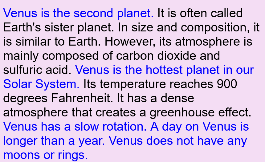 In this example, we're working with a scientific text about the planet Venus. As the text is pretty long, we're interested to see how the word "Venus" is distributed throughout the text, so we highlight all sentences containing "Venus". We activate the "Highlight Certain Sentences" mode and enter the word "Venus" in the option below it. As a result, we obtain the text as an image with a dark lavender color background, with five sentences containing the desired word highlighted in blue color. The image has a fixed width of 840px and uses a 42px Helvetica font.