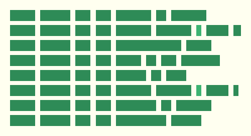 In this example, we create a puzzle for the fans of the Harry Potter movie series. We load a list of shuffled movie titles as the input and output them as silhouettes with a height of 22 pixels. We use sea-green color for the words, ivory color for the background and whitespaces, and medium-sea-green color for the punctuation. The task for the fans is to guess which movie title is hidden behind the silhouette just by the relative length of the words in the title.